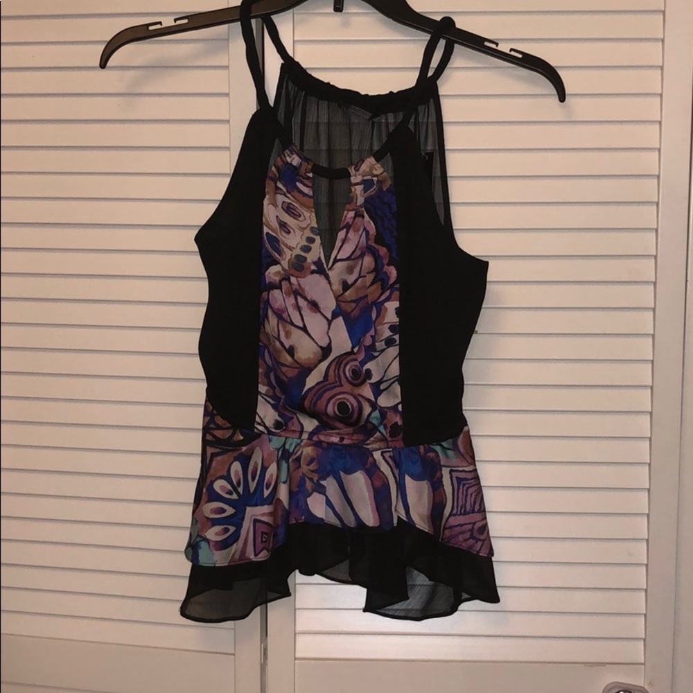 NWT XS Bebe flutter peplum top purple black blue